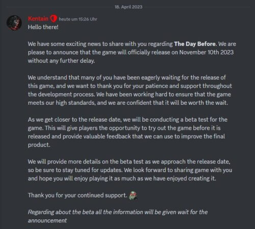 The Day Before - Discord Announcement